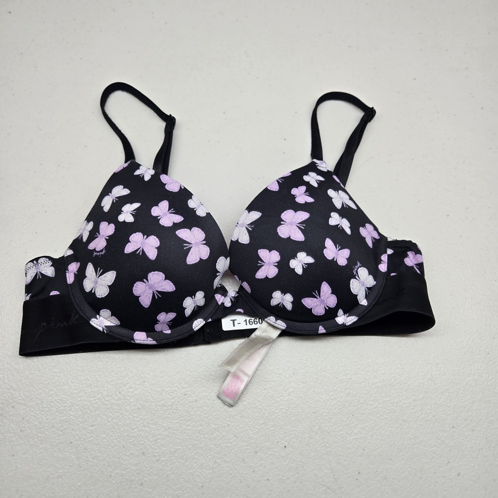 PINK Women Bra 32B Black Butterfly Everywhere‎ Push Up Underwired Convertible